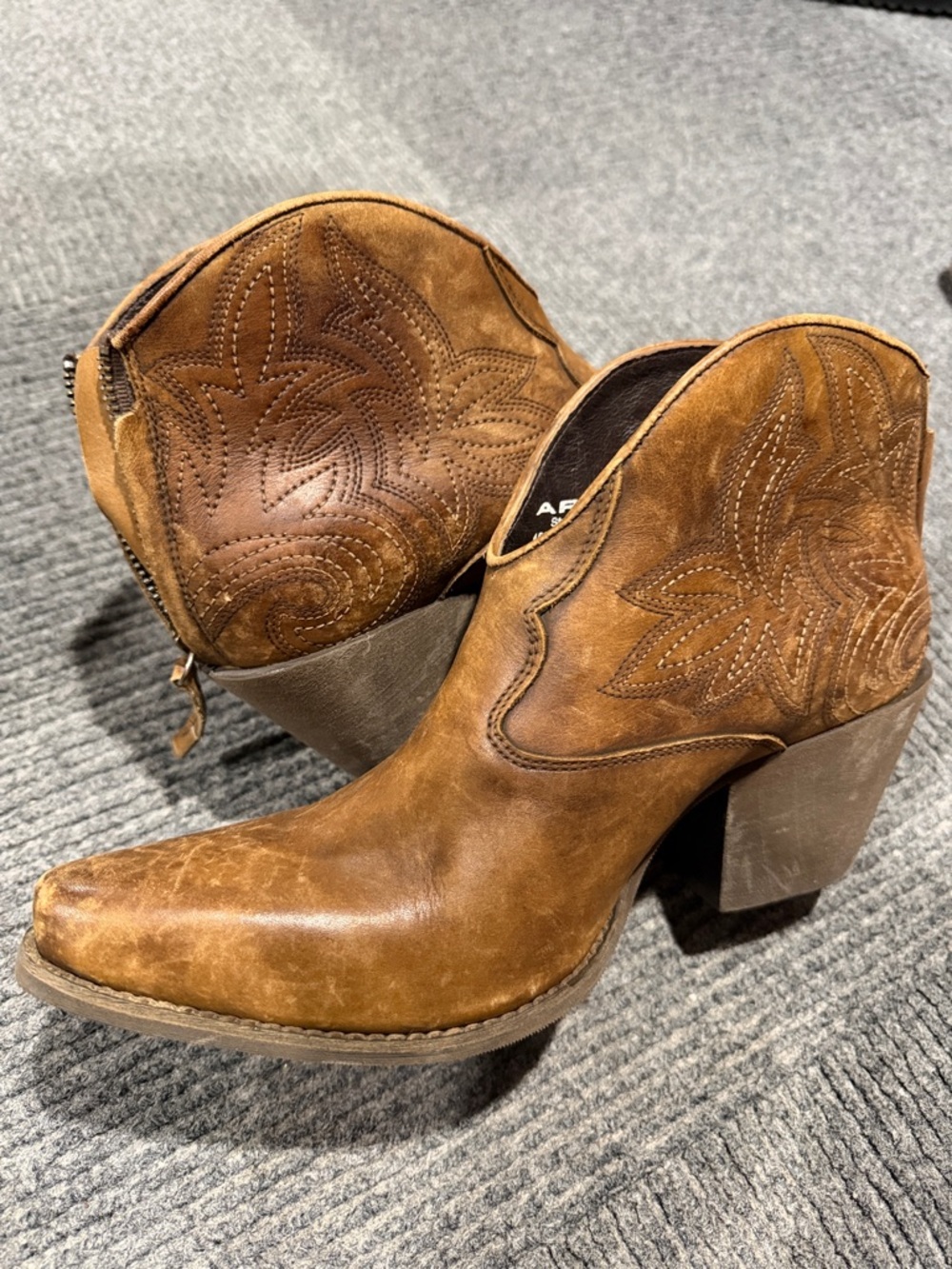 Ariat Tan Leather Western Ankle Boots with Block Heel